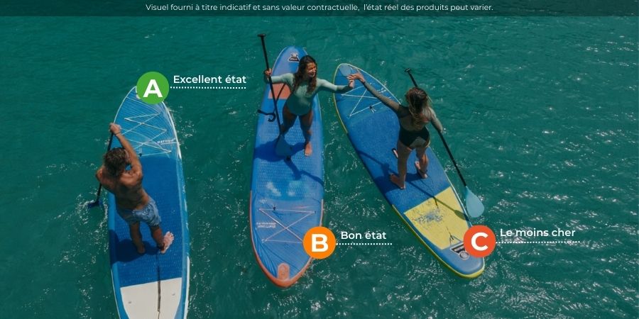 Paddles gonflables reconditionnés Sup Factory en mer, comparaison des états A, B et C.